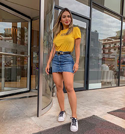 Yellow dresses ideas with vintage clothing, denim skirt, jean short: Denim skirt,  Vintage clothing,  Street Style,  yellow outfit,  Jean Short,  Denim Shorts,  yellow top,  Denim T-Shirt  