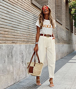 White and tan colour outfit ideas 2020 with crop top, shirt, jeans: Crop top,  T-Shirt Outfit,  Fashion week,  Street Style,  Paris Fashion Week,  Slouchy Pants,  White And Tan Outfit  