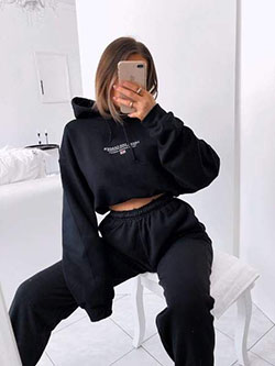 Black style outfit with sweatshirt, sportswear, trousers: Black Outfit,  Black hair,  Girls Hoodies,  black trousers  
