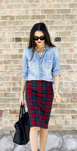 Denim shirt plaid skirt, street fashion, pencil skirt, dress shirt, t shirt: shirts,  Pencil skirt,  T-Shirt Outfit,  Street Style,  Black And Blue Outfit,  Plaid Outfits,  Denim Shirt  