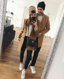 Outfit style with leggings, tights, beanie: Street Style,  Matching Couple Outfits,  BEANIE  
