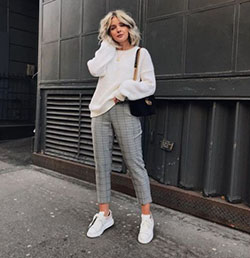Plaid pants outfit summer, street fashion, casual wear: White Outfit,  Street Style,  Tweed Pants,  Checked Trousers  