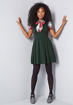Green colour combination with uniform, tights: green outfit,  Jumper Dress  
