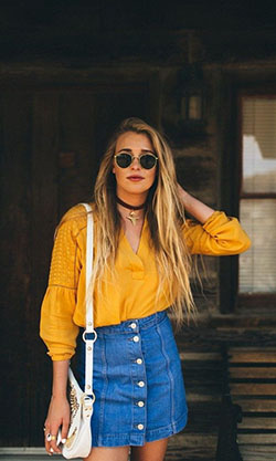 Yellow outfit for teens, street fashion, casual wear, denim skirt, t shirt: Denim skirt,  T-Shirt Outfit,  Street Style,  Orange And Yellow Outfit,  yellow top  
