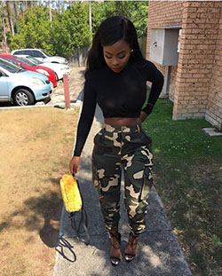 Camouflage outfits for womens, military camouflage, street fashion, cargo pants, casual wear, crop top: cargo pants,  Crop top,  Camo Pants,  Military camouflage,  Street Style,  yellow outfit,  Camo Joggers  