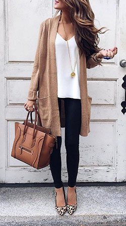 Fall outfits for women, empire silhouette, street fashion, petite size, casual wear: Petite size,  Street Style,  Brown And White Outfit,  Cardigan Outfits 2020  