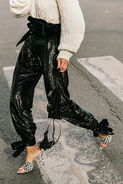 Sequin pants with ankle ties: Cocktail Dresses,  Polo neck,  Bow tie,  Sequin Dresses,  Fashion accessory,  Street Style,  Sequin Pants  
