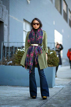 Colour dress scarf with belt, winter clothing, street fashion: winter outfits,  Street Style,  Brown Outfit,  Plaid Outfits  