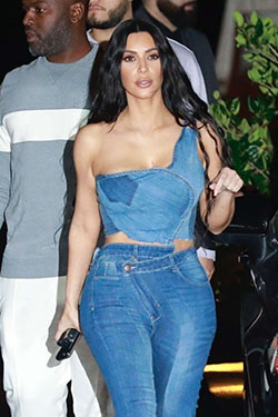 Outfit Stylevore with denim, jeans: Kendall Jenner,  Kim Kardashian,  Los Angeles,  Kris Jenner,  Kanye West,  fashion model,  Black hair,  One Shoulder Top  