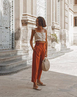 Orange linen pants outfit, street fashion, casual wear, crop top: Crop top,  Street Style,  Orange And Beige Outfit,  Loungewear Dresses  