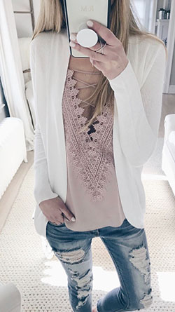 White colour outfit, you must try with sweater, jeans, coat: White Outfit,  Cardigan Outfits 2020  