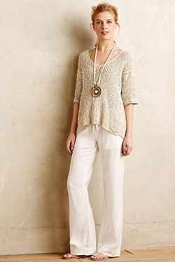 Beige and white clothing ideas with trousers, blouse, jeans: Lapel pin,  fashion model,  Linen Pants,  Beige And White Outfit  