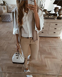 Beige and khaki classy outfit with trousers, blazer, shirt: Skirt Outfits,  Beige And Khaki Outfit  