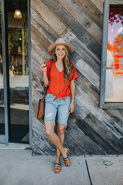 Classy outfit bermuda shorts outfit summer bermuda shorts, bermuda shorts: Pencil skirt,  Bermuda shorts,  Street Style,  Jean Short,  Orange And Red Outfit  