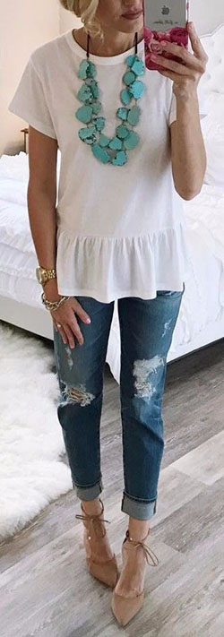 Peplum Top And Jeans summer outfits plus size clothing, casual wear: T-Shirt Outfit,  Turquoise And White Outfit,  Peplum Tops  