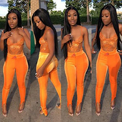 Orange lookbook fashion with backless dress: Backless dress,  Lace wig,  T-Shirt Outfit,  Black hair,  Orange Outfits,  17th Birthday Dresses  