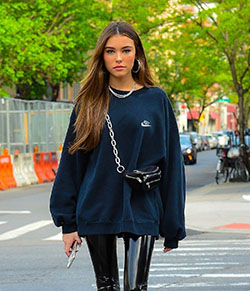 Electric blue and black outfit instagram with tights, jeans: New York,  Electric blue,  Madison Beer,  Street Style,  Girls Hoodies  