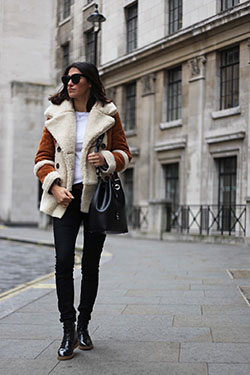 White attire with jacket, blazer, coat: winter outfits,  Shearling coat,  White Outfit,  Street Style  