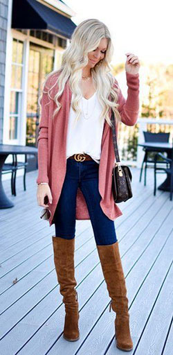 Brown and pink clothing ideas with blazer, shirt, denim: Street Style,  Brown And Pink Outfit,  Knee High Boot,  Cardigan Outfits 2020  