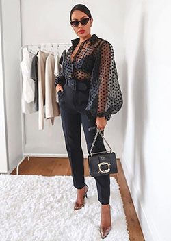 Black polka dot organza blouse: Sheer fabric,  T-Shirt Outfit,  Street Style,  Brown Outfit,  Mesh Outfits  