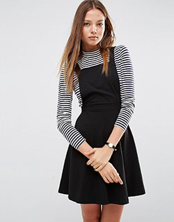 Dress with striped shirt underneath: fashion model,  T-Shirt Outfit,  Black And White Outfit,  Little Black Dress,  Jumper Dress  