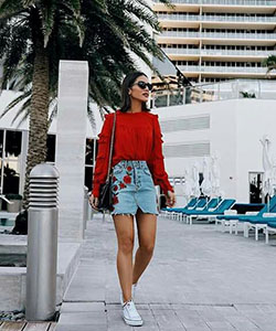 Mini skirt outfits with sneakers: Denim skirt,  Street Style,  Turquoise And White Outfit  