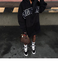 White fashion nova dress with sportswear, hoodie: Louis Vuitton,  T-Shirt Outfit,  White Outfit,  Street Style,  Hip Hop Fashion,  Girls Tomboy Outfits,  Black Hoodie  