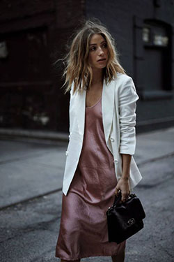 Slip dress and blazer, street fashion, fashion model, slip dress: fashion model,  Slip dress,  Street Style,  White And Pink Outfit  