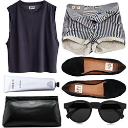 Style outfit with fashion accessory, sleeveless shirt, shorts: Sleeveless shirt,  T-Shirt Outfit,  Shorts Outfit,  Fashion accessory  