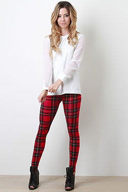Red plaid legging outfit, high rise: Legging Outfits,  Red Outfit  