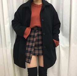 Korean skirt outfit ideas plaid pleated skirt, korean language: Fashion photography,  Polo neck,  Thigh High Socks,  Pleated Skirt  