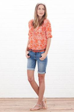 Stylish long shorts womens, bermuda shorts, casual wear, t shirt: Bermuda shorts,  T-Shirt Outfit,  Orange And White Outfit  