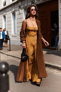 Colour outfit ideas 2020 street style brown paris fashion week, fashion design: Fashion photography,  Fashion show,  fashion model,  Fashion week,  Slip dress,  Street Style,  Yellow And Brown Outfit,  Paris Fashion Week  