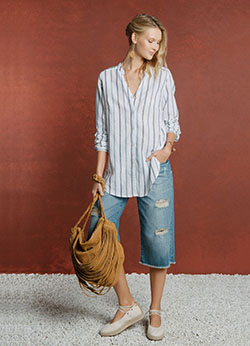 Outfit style with blouse, jeans, denim: Bermuda shorts  