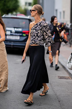 Colour outfit with trousers, shirt, skirt: fashion model,  Fashion week,  Street Style,  fashioninsta,  Flip Flops,  One Shoulder Top,  Pleated Trousers  