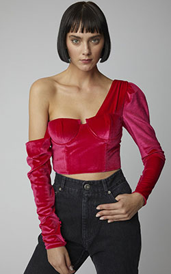 Self portrait velvet crop top: Crop top,  Latex clothing,  Magenta And Pink Outfit,  One Shoulder Top,  Velvet Outfits  