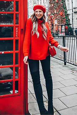 Maroon and orange colour dress with sweater, blazer, skirt: Polo neck,  Street Style,  Maroon And Orange Outfit,  Outfits With Beret,  Turtleneck Sweater Outfits  