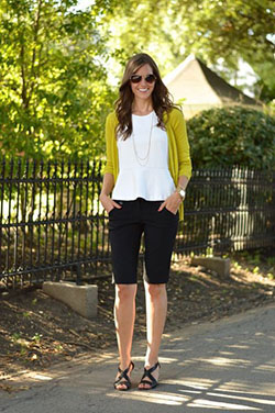 Knee length shorts outfit ideas: Bermuda shorts,  T-Shirt Outfit,  Knee highs,  Street Style,  Yellow And White Outfit  