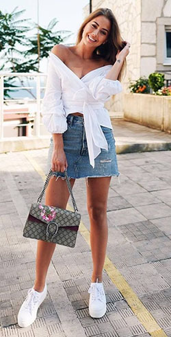 Style outfit cool summer outfits, street fashion, leather skirt, casual wear, denim skirt: Denim skirt,  White Outfit,  Street Style  
