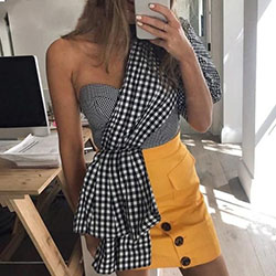 Yellow and black colour outfit, you must try with crop top, sweater, denim: Crop top,  Yellow And Black Outfit,  One Shoulder Top  