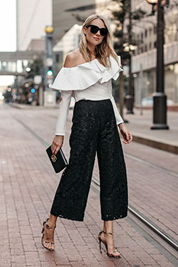 Fashionnova black lace culottes, street fashion, casual wear: Street Style,  Black And White Outfit,  One Shoulder Top  