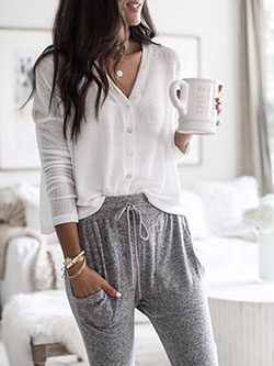 White dresses ideas with sweatpant, pajamas, blouse: Polo neck,  White Outfit,  Comfy Outfits,  Pajama Outfit  