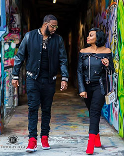 Engagement photo ideas black couples: Leather jacket,  Street Style,  Matching Couple Outfits,  Black And White  