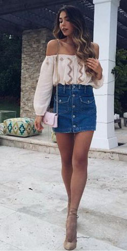 Brown colour combination with jean short, shorts, skirt: Brown Outfit,  Denim skirt,  Blue Shorts  