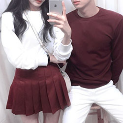 Korean couple outfit ideas, korean language, long hair: Long hair,  Matching Couple Outfits,  White And Pink Outfit  