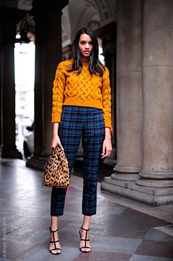 Yellow and orange outfit style with fashion accessory, sweater: Fashion show,  fashion model,  Fashion accessory,  Street Style,  Yellow And Orange Outfit,  London Fashion Week,  Plaid Outfits  