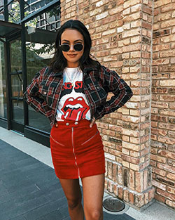 Orange and red colour ideas with vintage clothing, retro style, denim skirt: Denim skirt,  Vintage clothing,  T-Shirt Outfit,  Retro style,  Street Style,  Orange And Red Outfit  