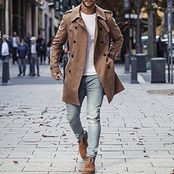 Trench coat style men, double breasted, street fashion, casual wear, trench coat, pea coat, t shirt: Trench coat,  T-Shirt Outfit,  Pea coat,  Street Style,  Travel Outfits,  Brown Outfit,  Wool Coat,  Duffel coat,  Burberry Trench  