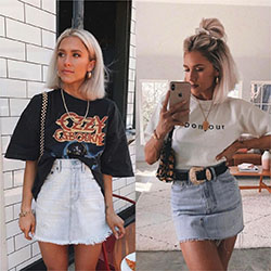 Outfit instagram american style kleding, street fashion, casual wear, denim skirt, jean short, crop top, t shirt: Crop top,  T-Shirt Outfit,  Street Style,  Black And White Outfit  