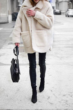 Colour combination wear teddy coat, street fashion, fur clothing, sherpa coat: Fur clothing,  winter outfits,  White Outfit,  Street Style  